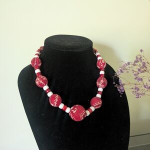 Elegant Red and White Fabric Beaded Necklace